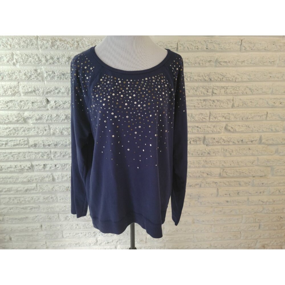 Apt 9 Womens Top Extra Large XL Long Sleeve Studded Blue Cotton Blend BLU242E